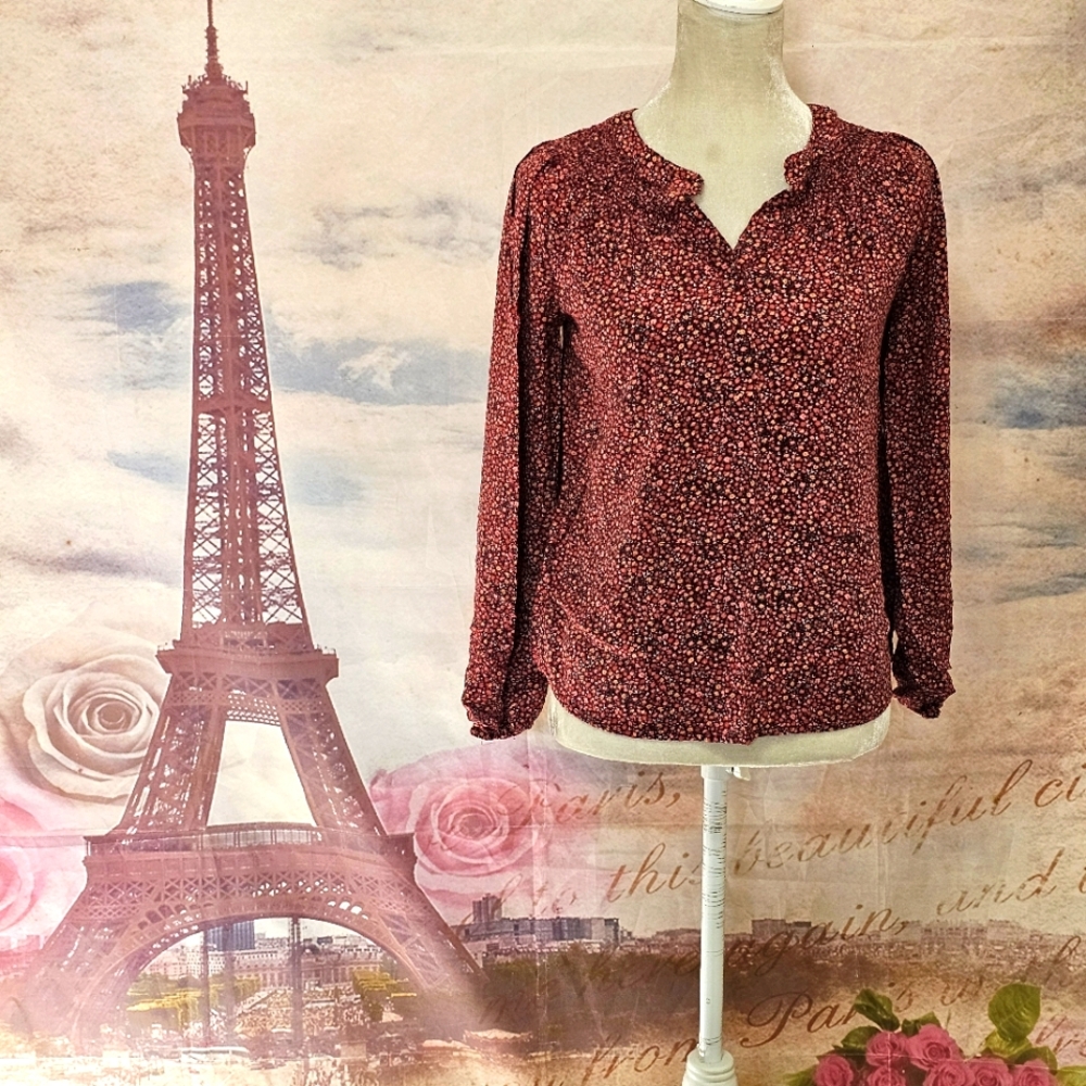 Croft & Barrow Red Mandarin Collar Cuffed Sleeve Blouse Sz XS